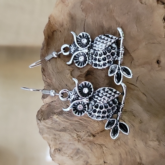 Artisan Jewelry - Owl Drop Earrings, oxidized, crystals